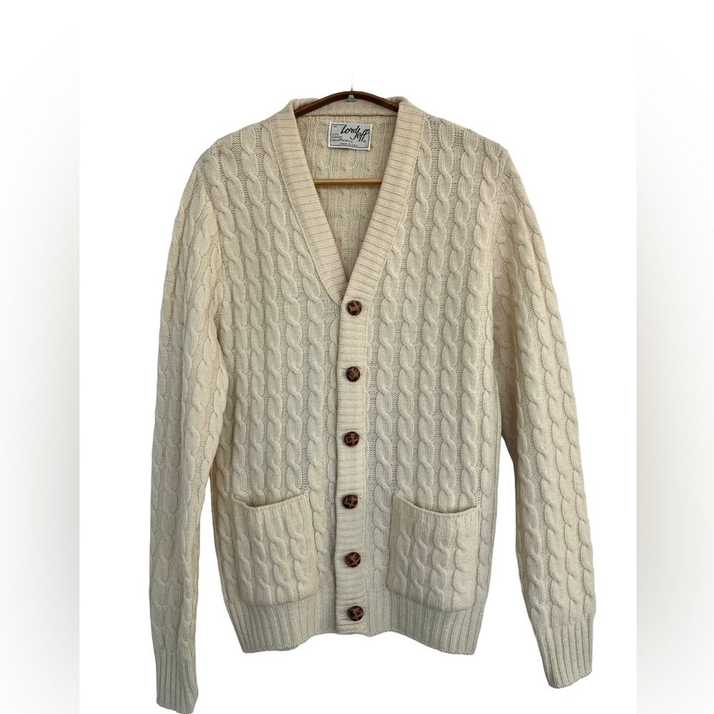 Vintage Lord Jeff Cottagecore Cream Cable Knit V Neck Cardigan Medium